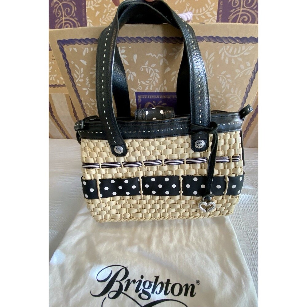Straw & Black Leather Trimmed Brighton DESI Bag W/ Charm Dust Bag Box H70653